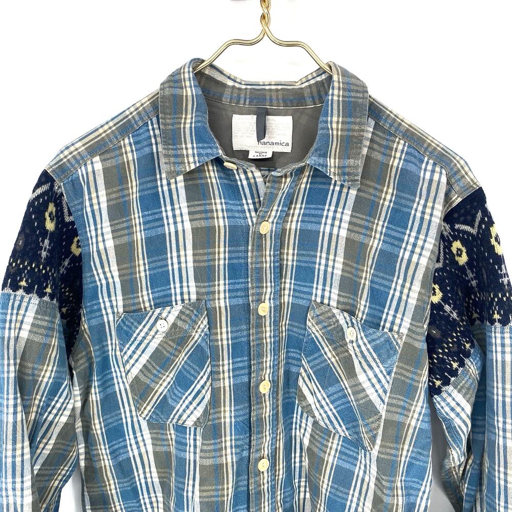 Nanamica Plaid Shirt Womens L Patchwork Woven Shoulder Japanese Blue - Picture 8 of 8